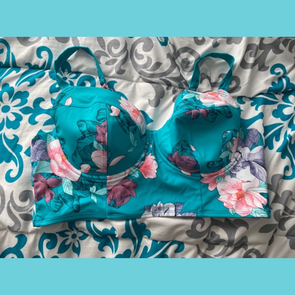 Teal floral underwire bikini top & skater swim skirt 14/16